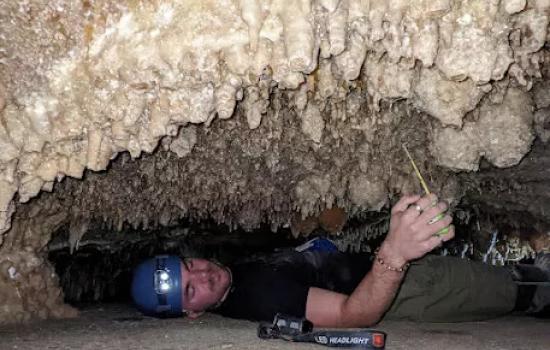 A volunteer measures turnip stalactites in a very small part of the cave.